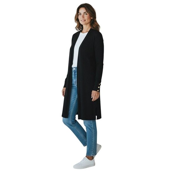 Marc New York Long Cardigan Womens Large Black Ribbed Open Front Long Sleeves - Picture 1 of 7